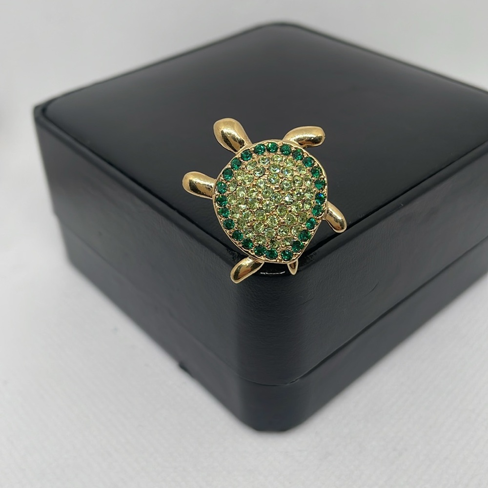 Vintage Monet Jewelry Turtle Brooch Gold Tone with Green Rhinestones